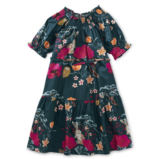 Puff Sleeve Tie Waist Dress: Forest Floral in Green