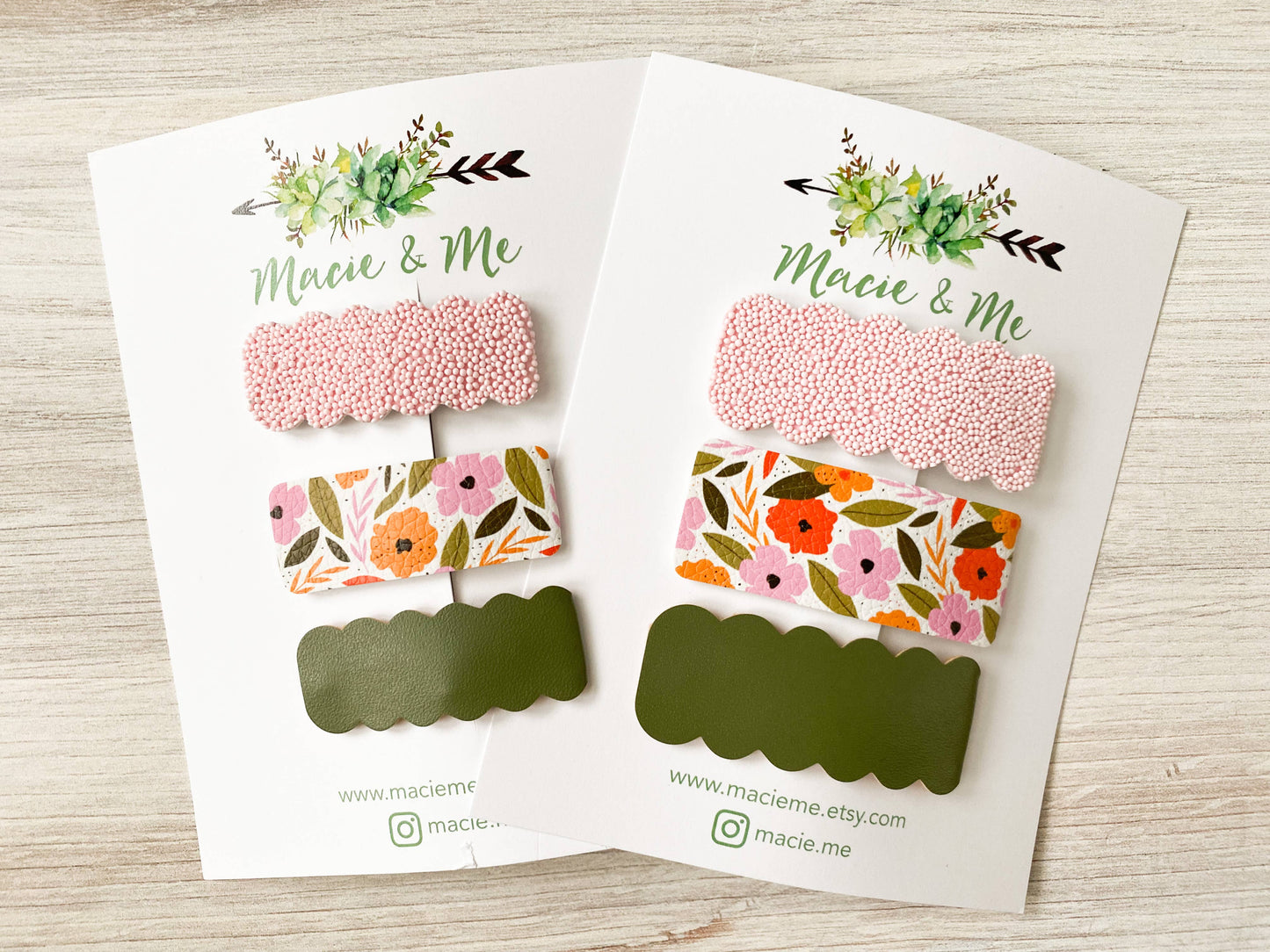 Pink Textured, Floral, Green Snap Clip Set