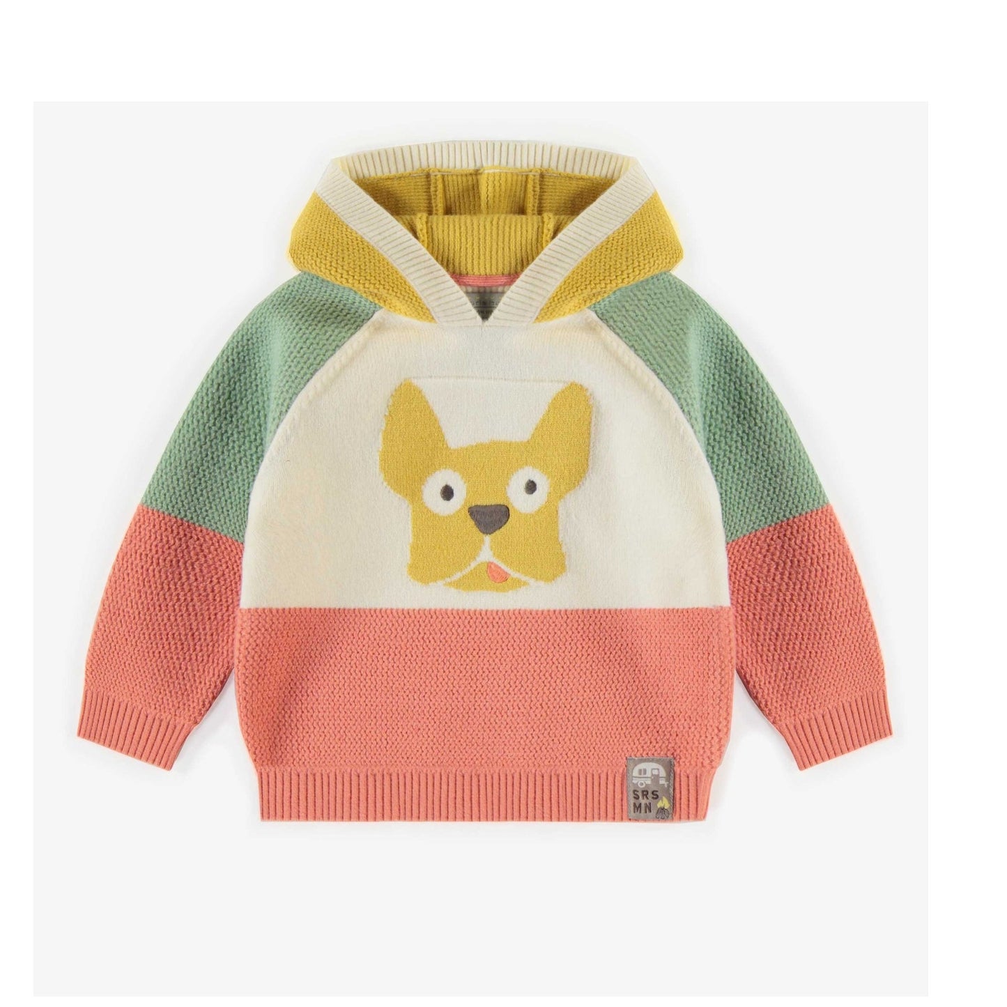 Hooded sweater color block with dog illustration