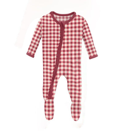 Muffin Ruffle Footie with Zipper: Wild Strawberry Gingham