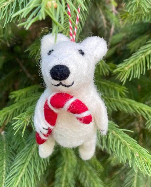 Polar Bear with Candy Cane Ornament
