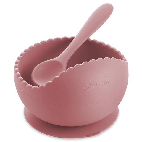 Dusty Rose Silicone Suction Bowl & Spoon Wavy Set
