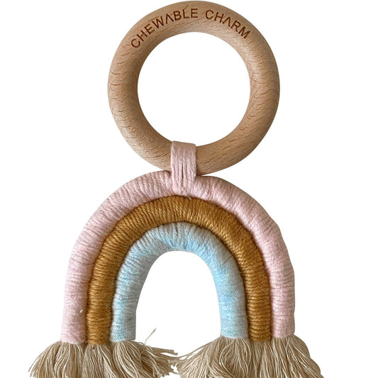 Chewable Charm - Rainbow Macrame Teether- Light Pink + Light Blue